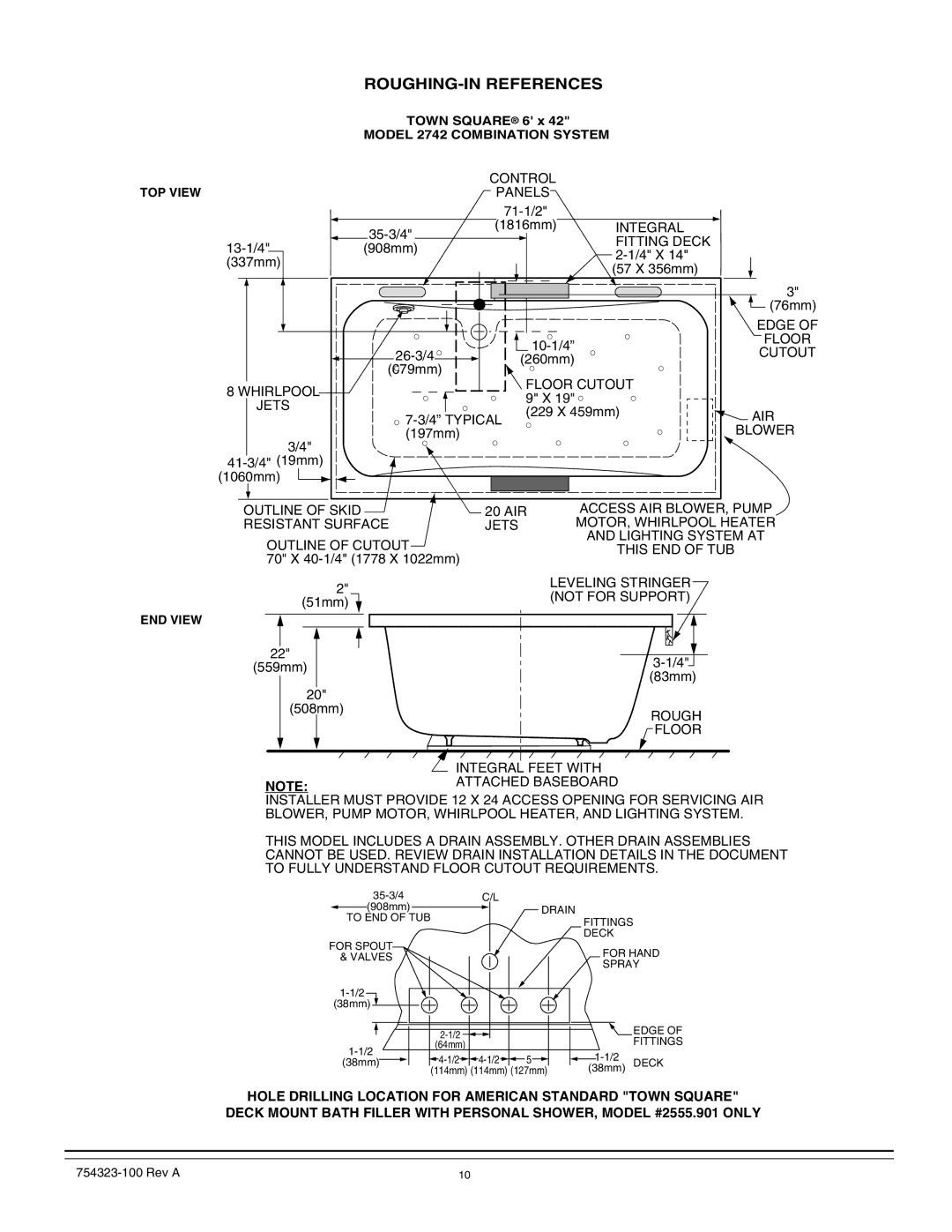 American Standard American Standard bath manual Control, Panels, Floor Cutout Whirlpool Jets, Air, Outline of Skid 