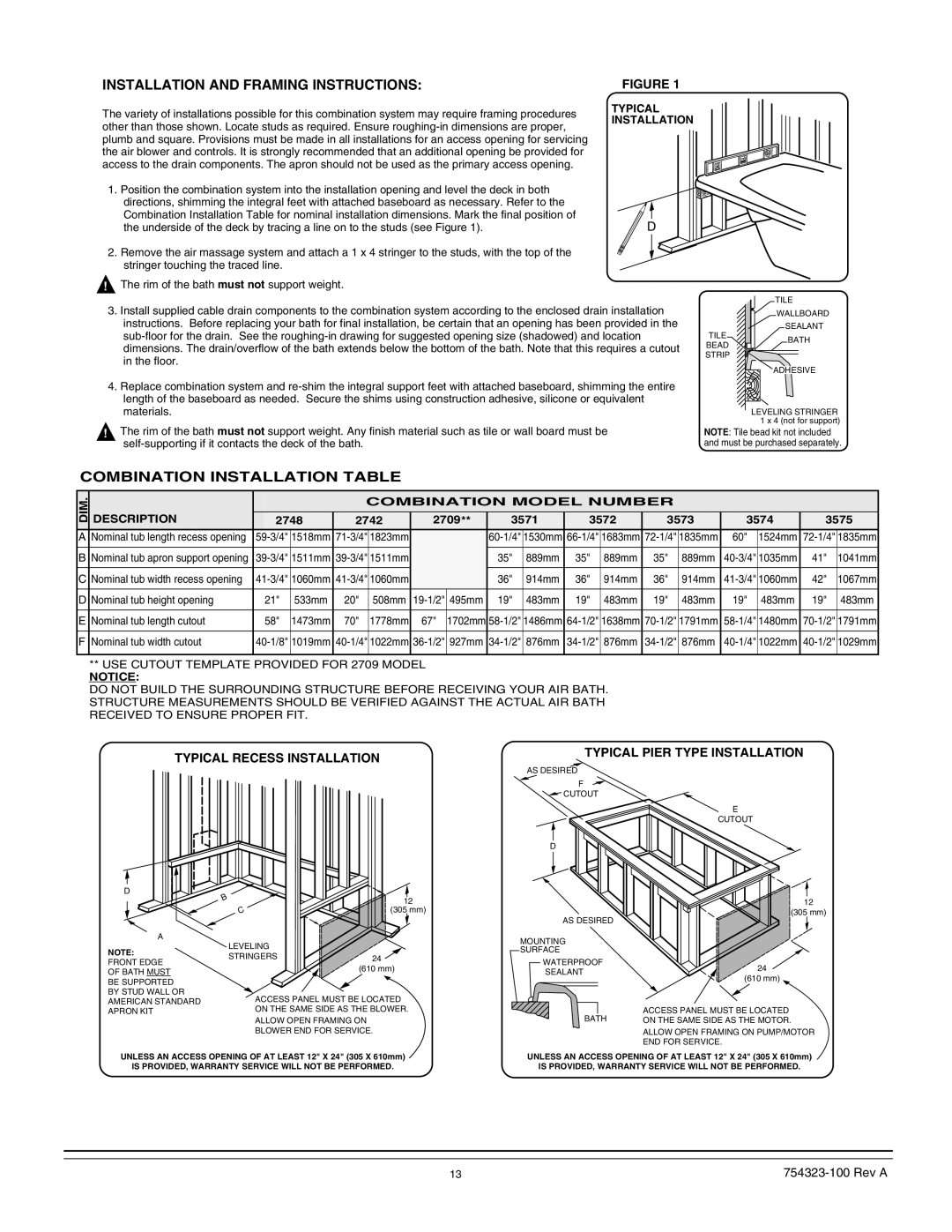 American Standard 754323-100 Rev A, American Standard bath manual Installation and Framing Instructions 