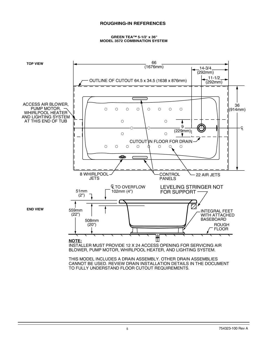 American Standard 754323-100 Rev A, American Standard bath Cutout in Floor for Drain Whirlpool Control AIR Jets Panels 