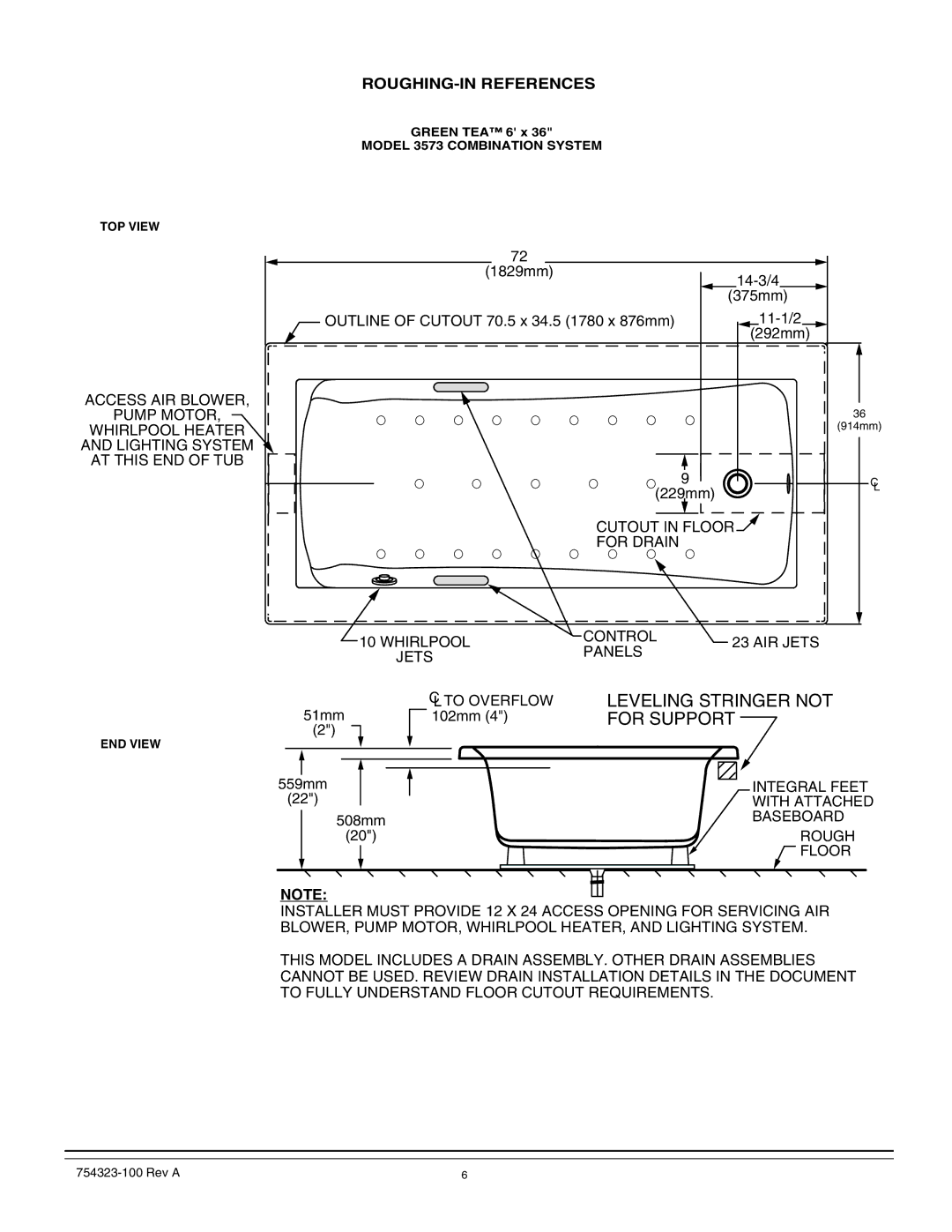 American Standard American Standard bath, 754323-100 Rev A manual Cutout in Floor For Drain 