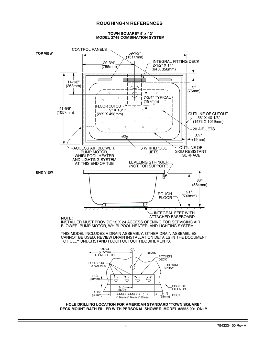 American Standard 754323-100 Rev A manual Integral Fitting Deck, Floor Cutout, Outline, Skid Resistant, Integral Feet with 