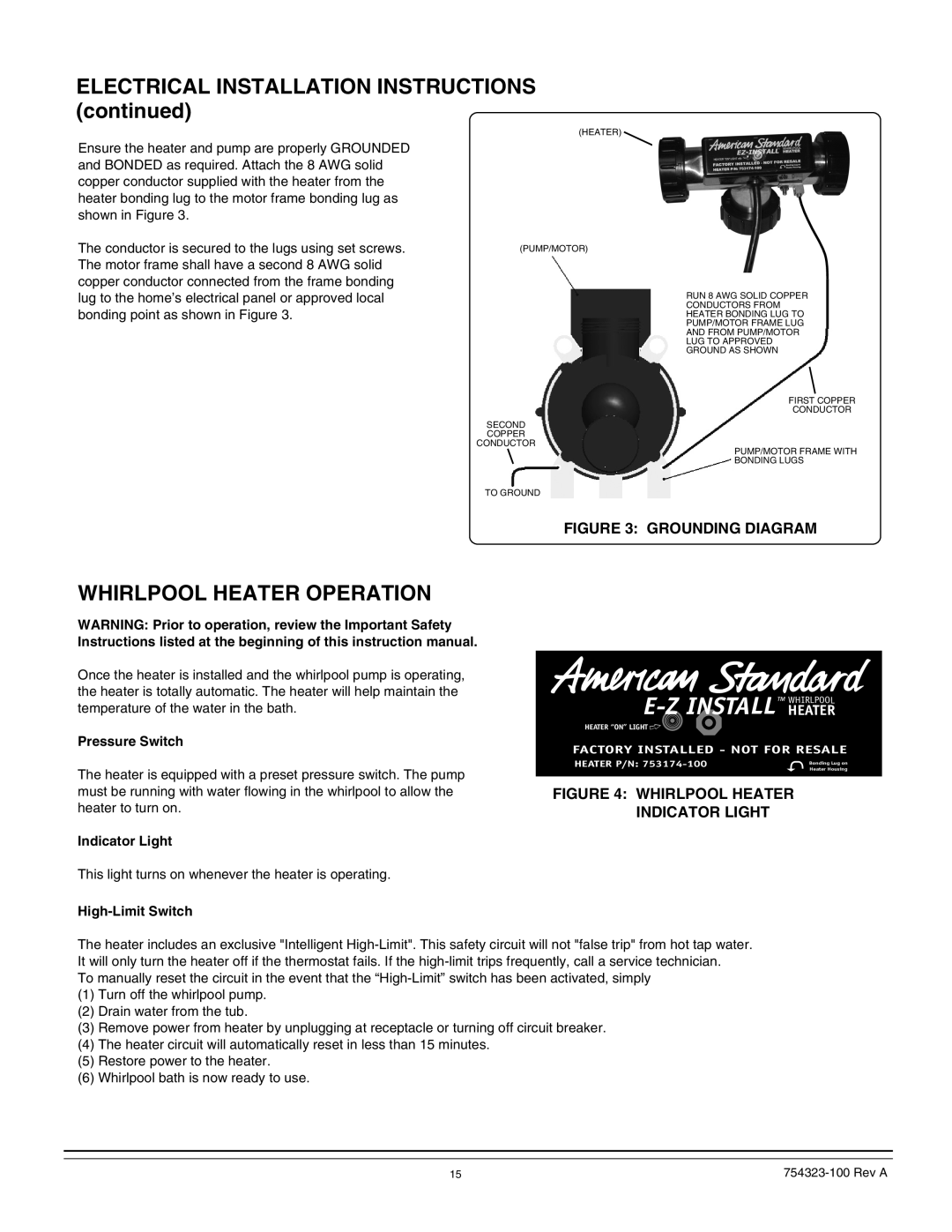 American Standard 754323-100 Rev A E-Zinstall, ELECTRICAL INSTALLATION INSTRUCTIONS continued, Whirlpool Heater Operation 