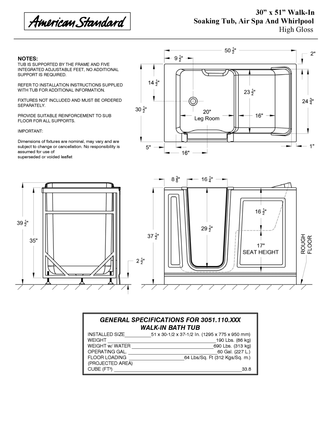 American Standard ANSI Z 124.1.2 dimensions General Specifications for WALK-IN Bath TUB 