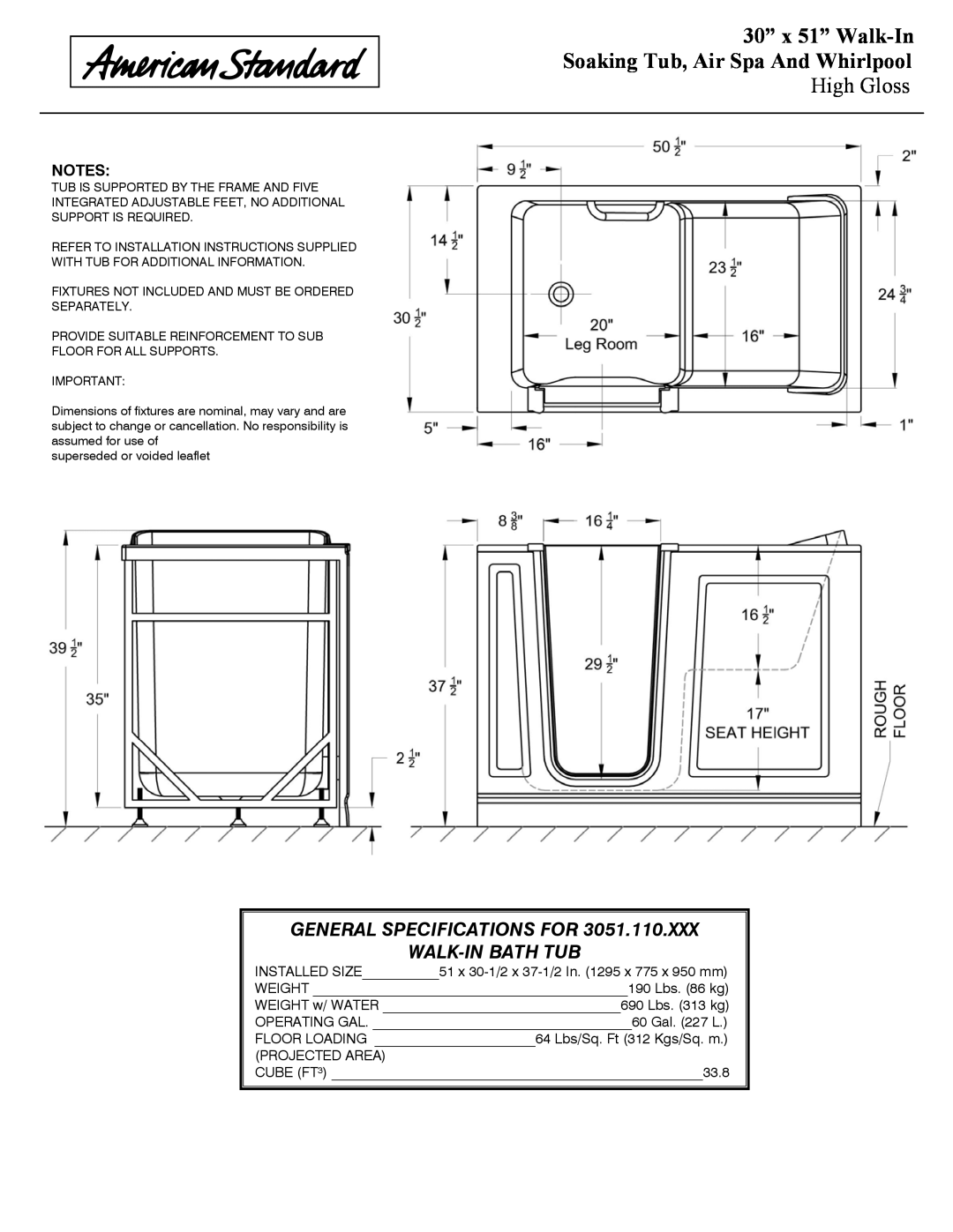 American Standard ANSI Z 124.1.2 dimensions 30” x 51” Walk-In, Soaking Tub, Air Spa And Whirlpool, High Gloss 