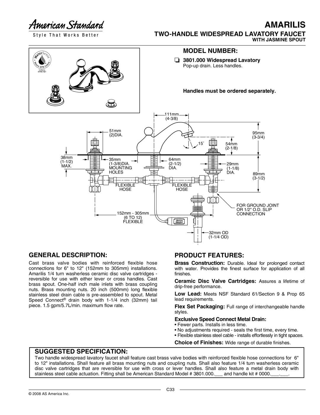 American Standard 3801.000.002, ASME A112.18.1 manual Amarilis 