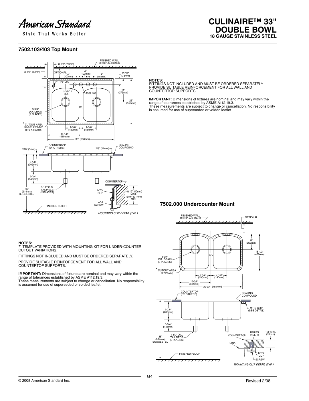 American Standard ASME A112.19.3 dimensions 7502.103/403 Top Mount 