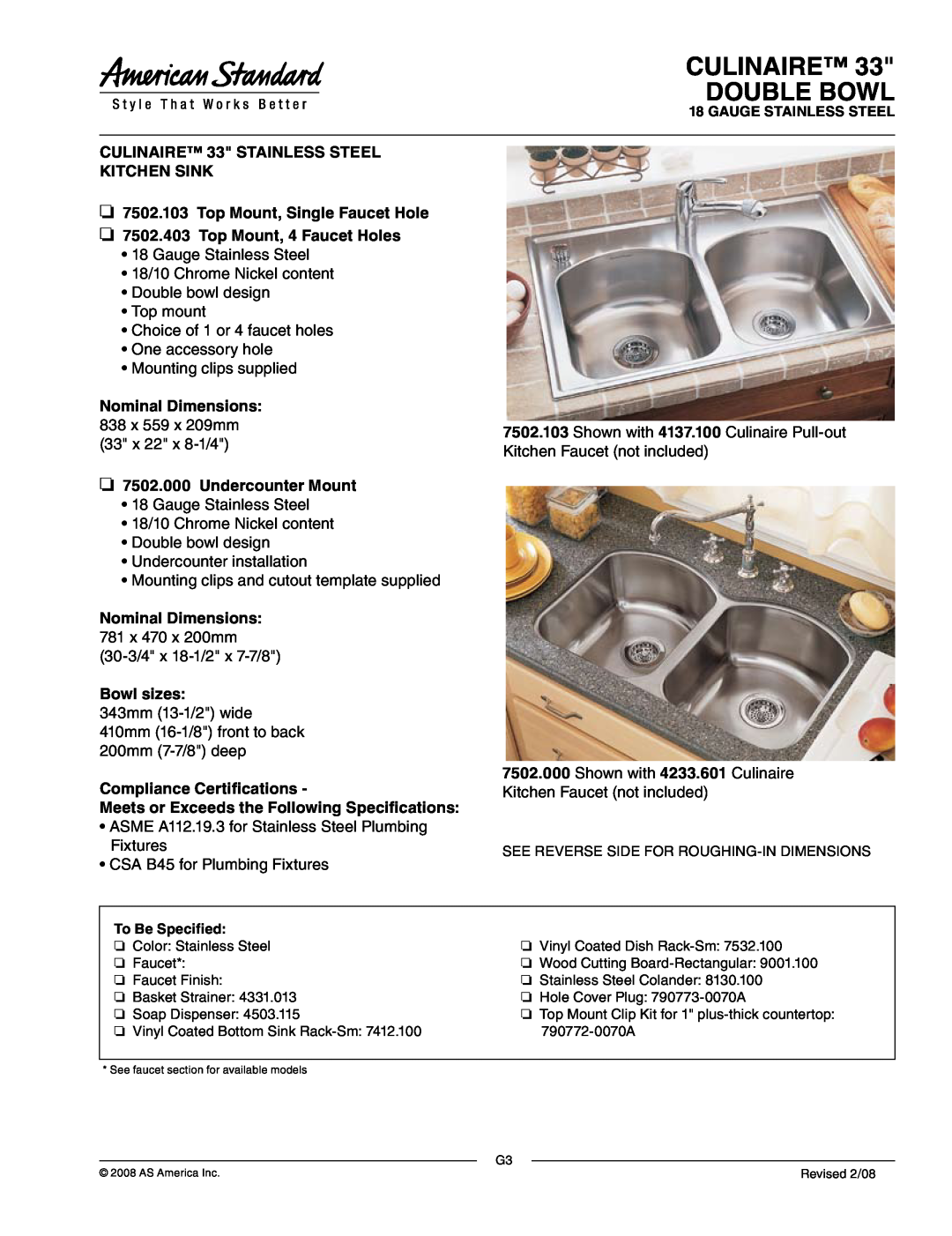 American Standard ASME A112.19.3 dimensions Culinaire Double Bowl, CULINAIRE 33 STAINLESS STEEL KITCHEN SINK, Bowl sizes 