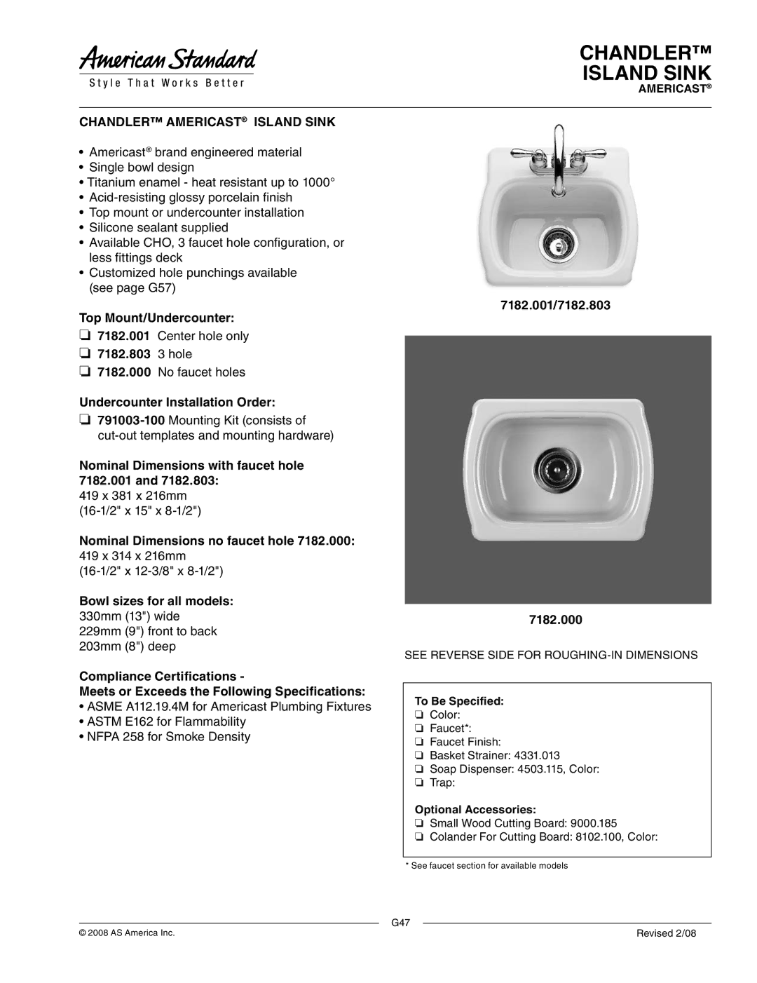 American Standard ASME A112.19.4M dimensions Chandler Island Sink, Chandler Americast Island Sink 