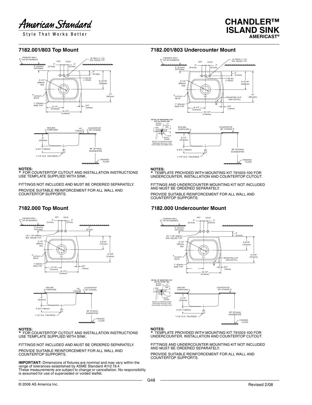 American Standard ASME A112.19.4M dimensions 7182.001/803 Top Mount, 7182.001/803 Undercounter Mount 