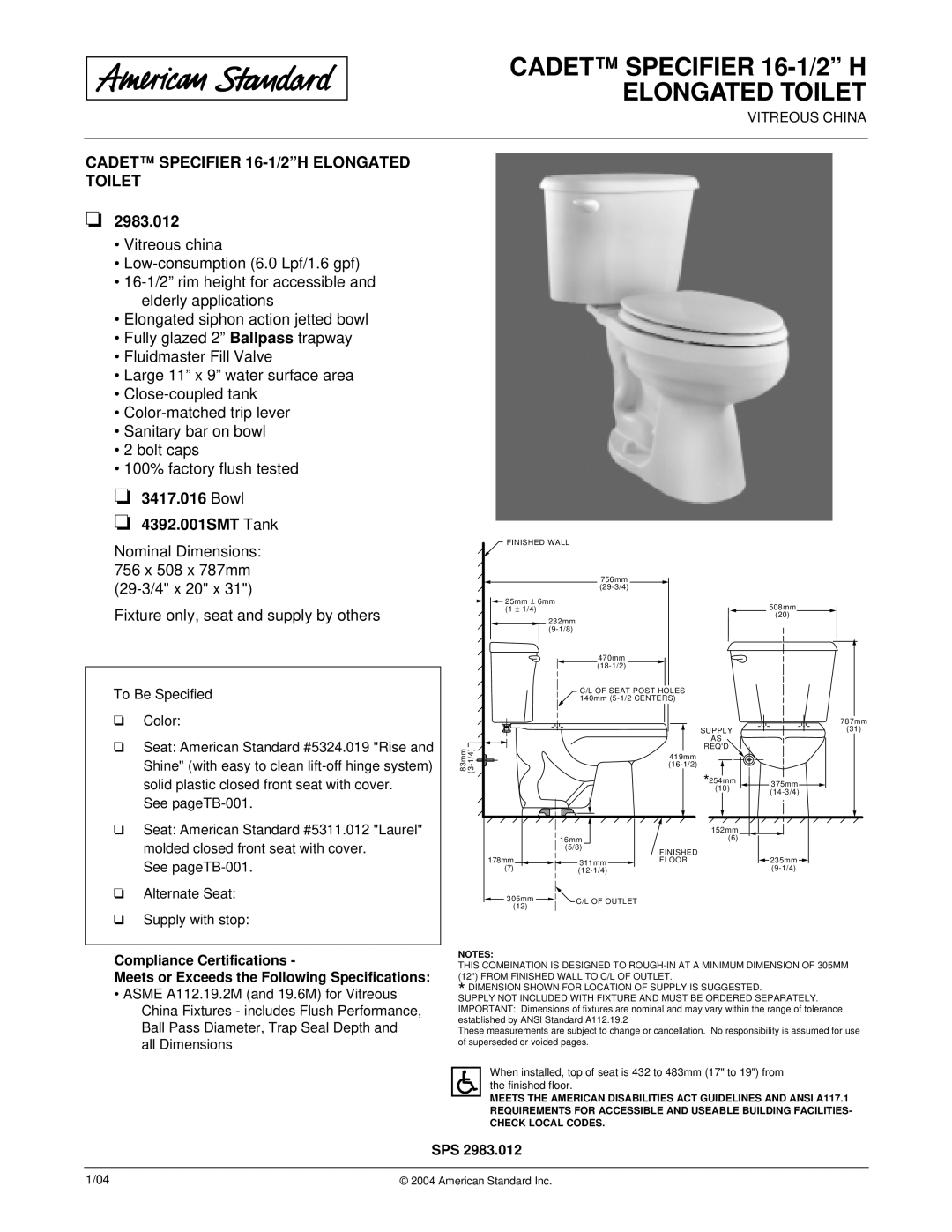 American Standard dimensions Cadet Specifier 16-1/2 H Elongated Toilet, 2983.012, Bowl 4392.001SMT Tank 