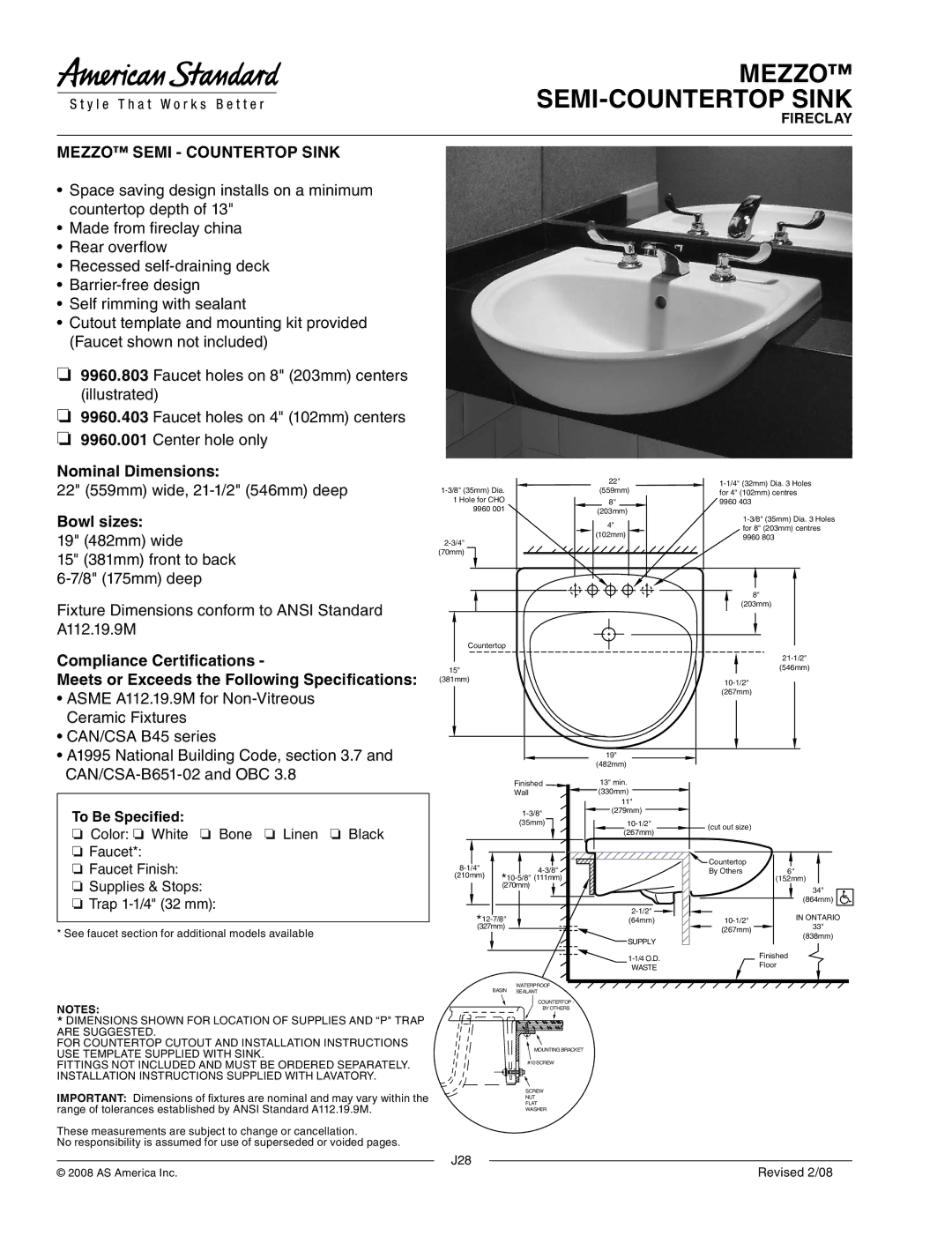 American Standard 9960.803, 9960.403 dimensions Mezzo SEMI-COUNTERTOP Sink, Mezzo Semi Countertop Sink, Nominal Dimensions 