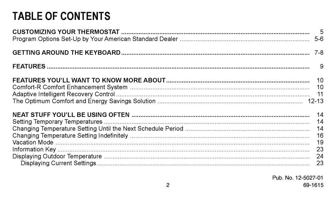 American Standard ASYSTAT300C, ASYSTAT302C manual Table of Contents 