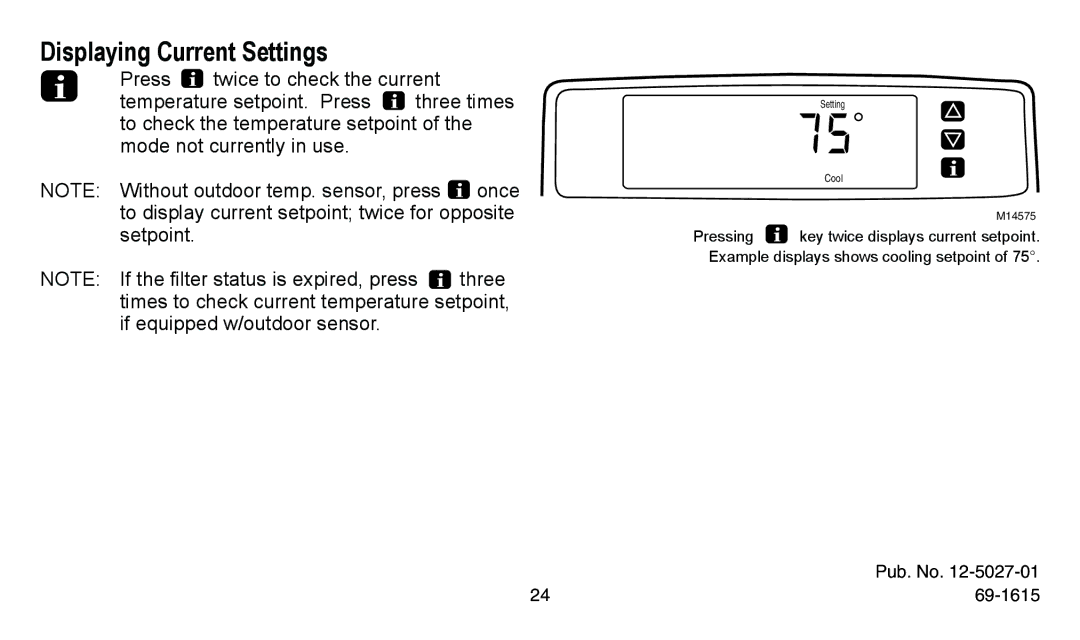 American Standard ASYSTAT300C, ASYSTAT302C manual Displaying Current Settings, Pub. No 69-1615 