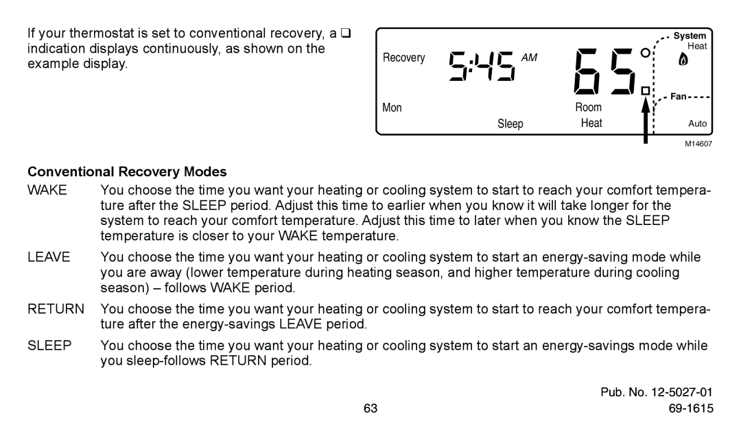 American Standard ASYSTAT302C Example display, Conventional Recovery Modes, Temperature is closer to your Wake temperature 