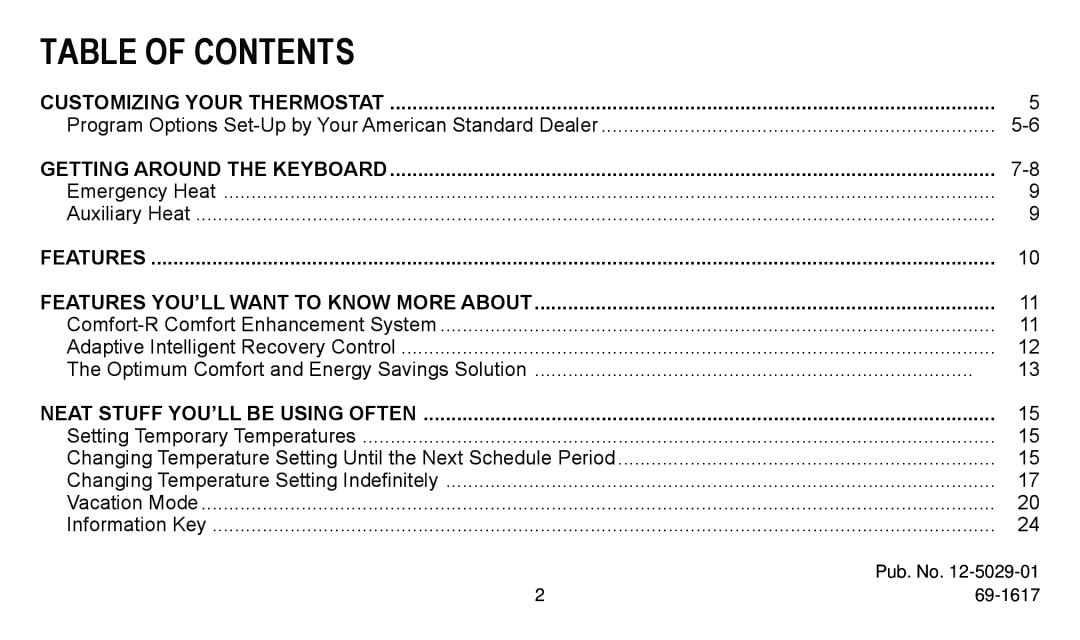 American Standard ASYSTAT500C manual Table of Contents 