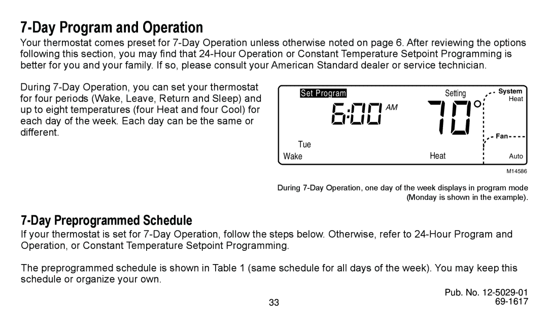 American Standard ASYSTAT500C manual Day Program and Operation, Day Preprogrammed Schedule, Tue Wake Heat 