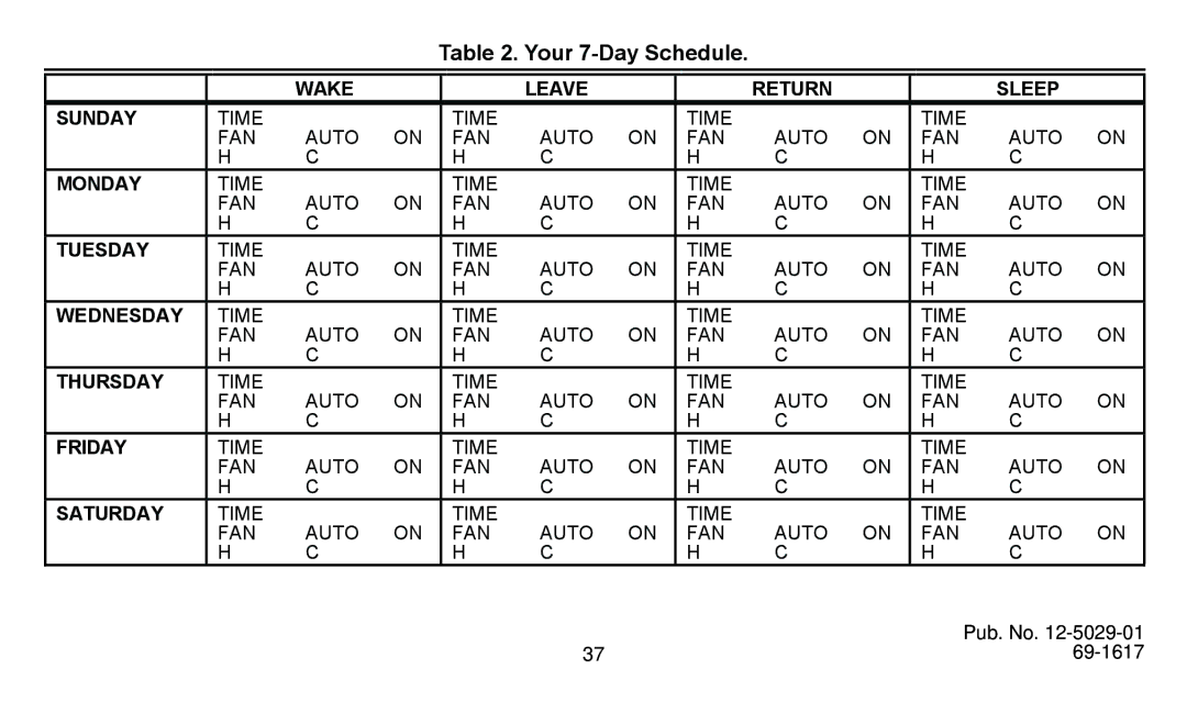 American Standard ASYSTAT500C manual Your 7-Day Schedule 