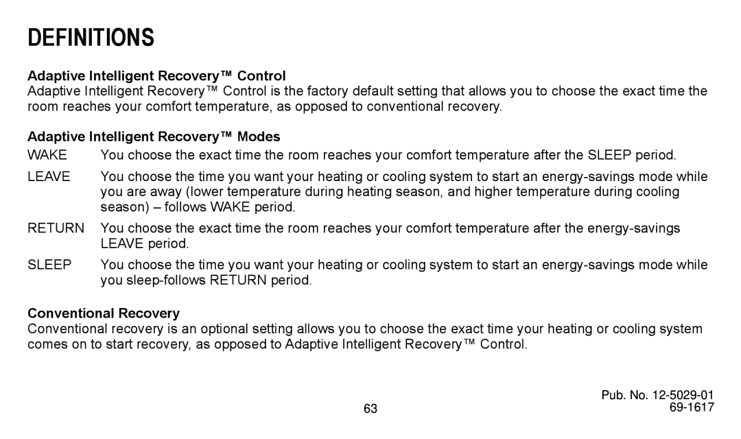 American Standard ASYSTAT500C Definitions, Adaptive Intelligent Recovery Control, Adaptive Intelligent Recovery Modes 