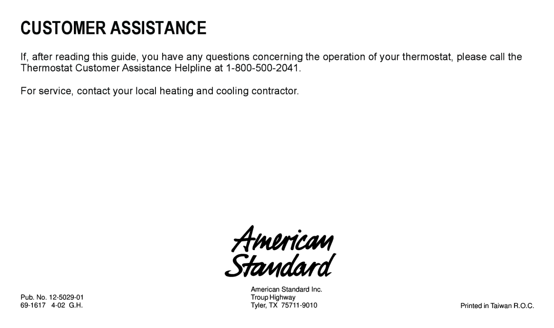 American Standard ASYSTAT500C manual Customer Assistance 