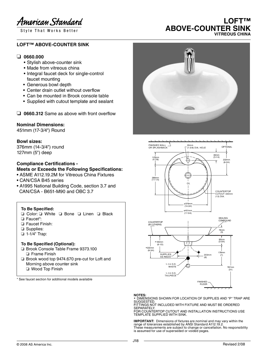 American Standard 0660.312, B45 Series dimensions Loft ABOVE-COUNTER Sink, 0660.000, Nominal Dimensions, Bowl sizes 