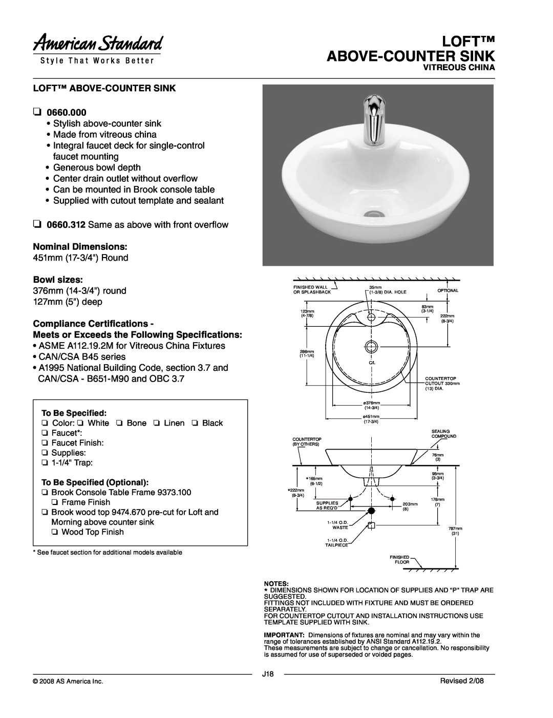 American Standard 0660.312 dimensions Loft Above-Countersink, Nominal Dimensions, Bowl sizes, Compliance Certifications 