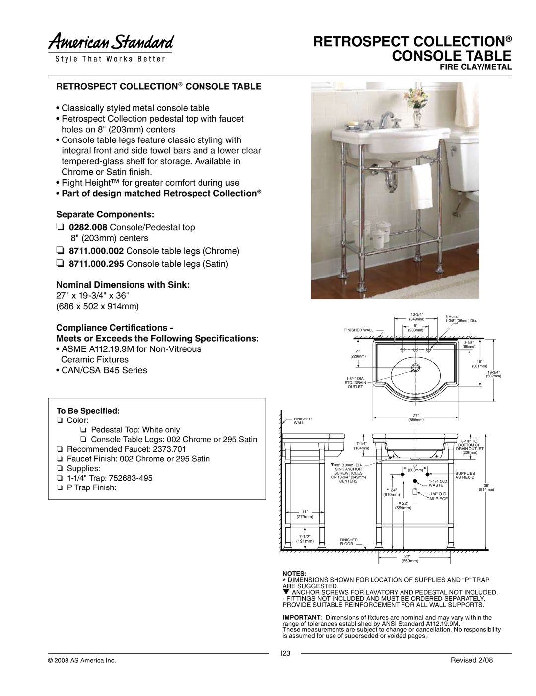 American Standard 8711.000.295, CAN B45 Series dimensions Retrospect Collection Console Table, To Be Specified 