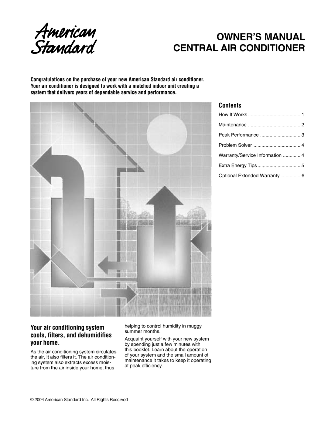 American Standard CENTRAL AIR CONDITIONER owner manual Central AIR Conditioner, Contents 