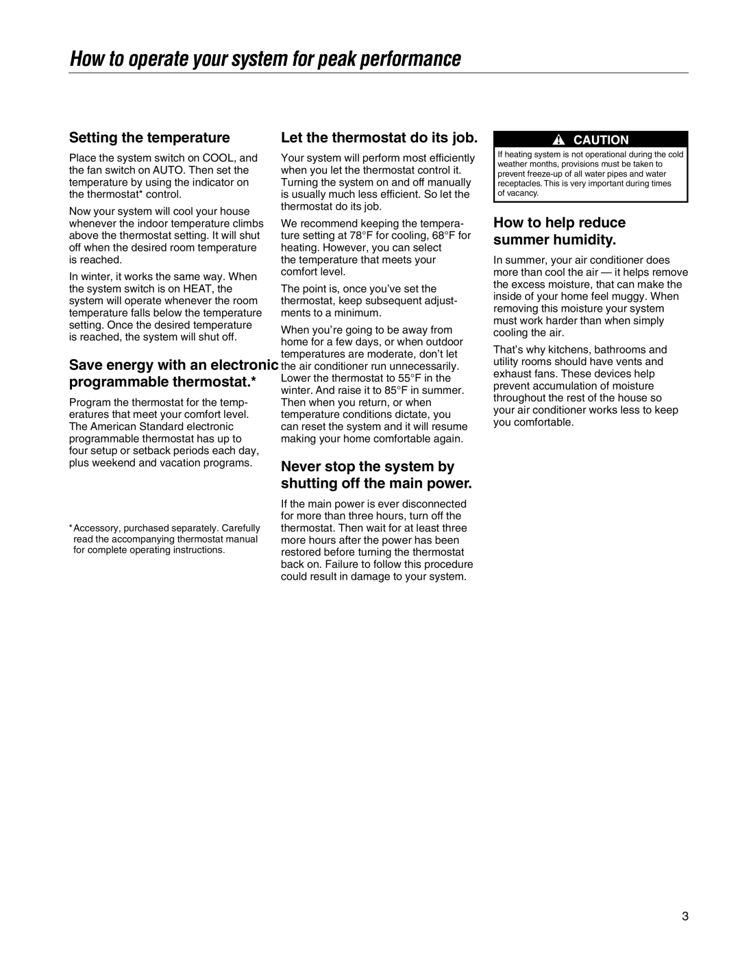 American Standard CENTRAL AIR CONDITIONER How to operate your system for peak performance, Setting the temperature 