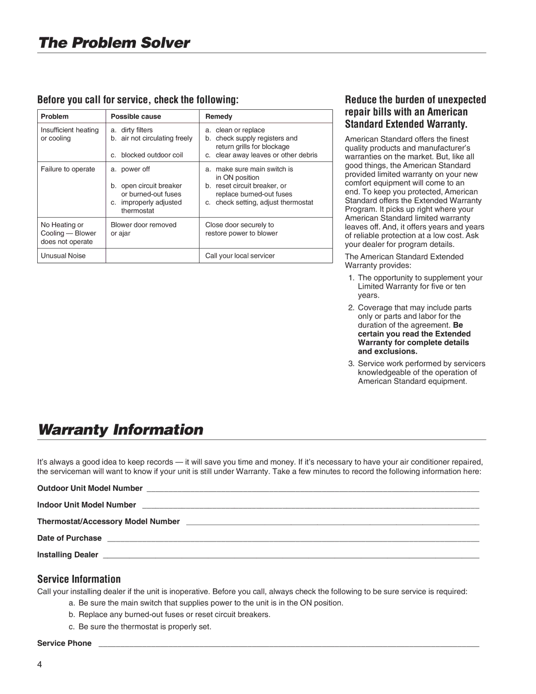 American Standard CENTRAL AIR CONDITIONER owner manual Problem Solver, Warranty Information, Service Information 