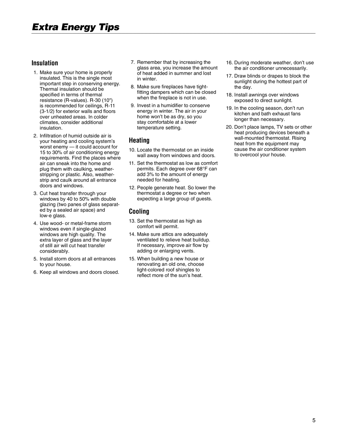 American Standard CENTRAL AIR CONDITIONER owner manual Extra Energy Tips, Insulation, Heating, Cooling 