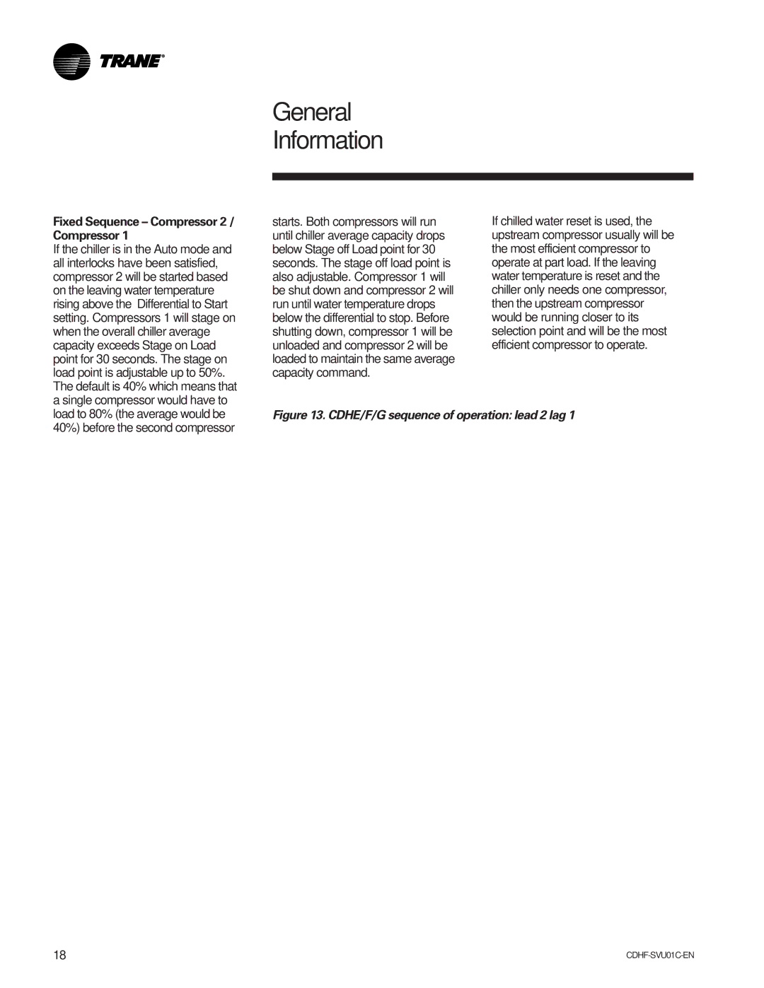 American Standard CH530 manual Fixed Sequence Compressor 2 / Compressor, CDHE/F/G sequence of operation lead 2 lag 