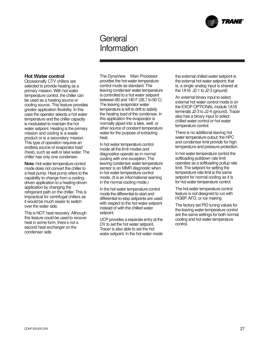 American Standard CH530 manual Hot Water control 