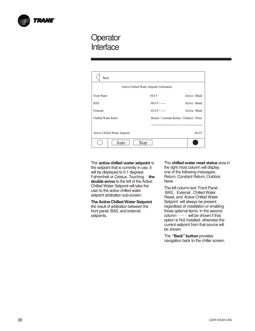 American Standard CH530 manual Back button provides navigation back to the chiller screen 