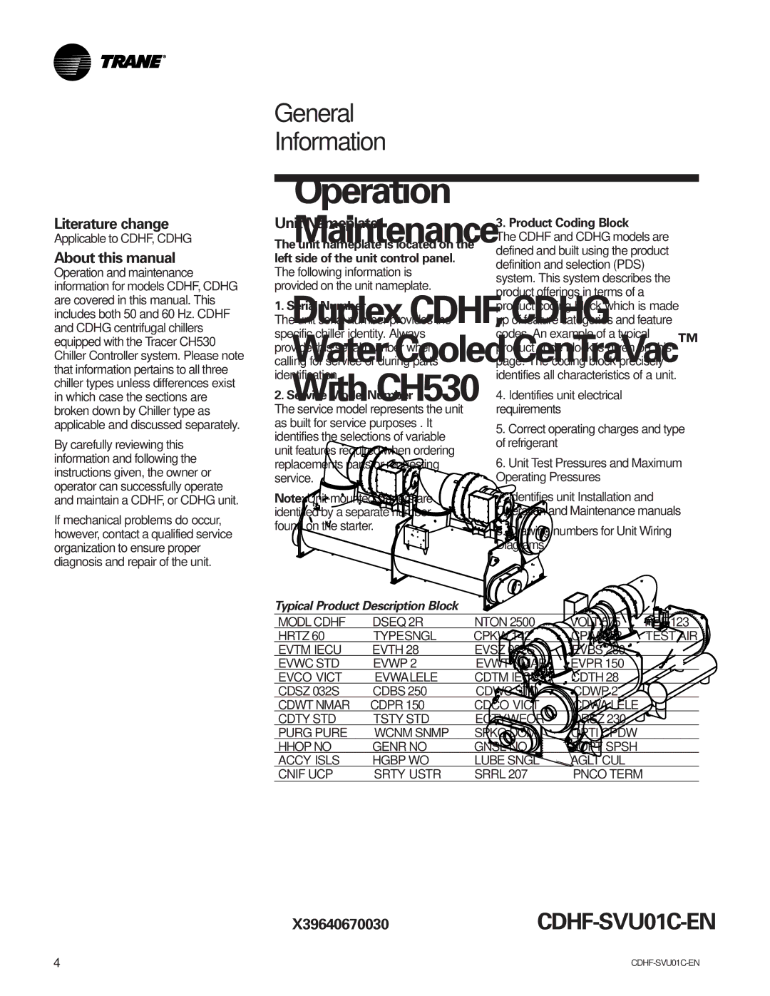 American Standard CH530 General Information, Literature change, About this manual, Unit Nameplate 