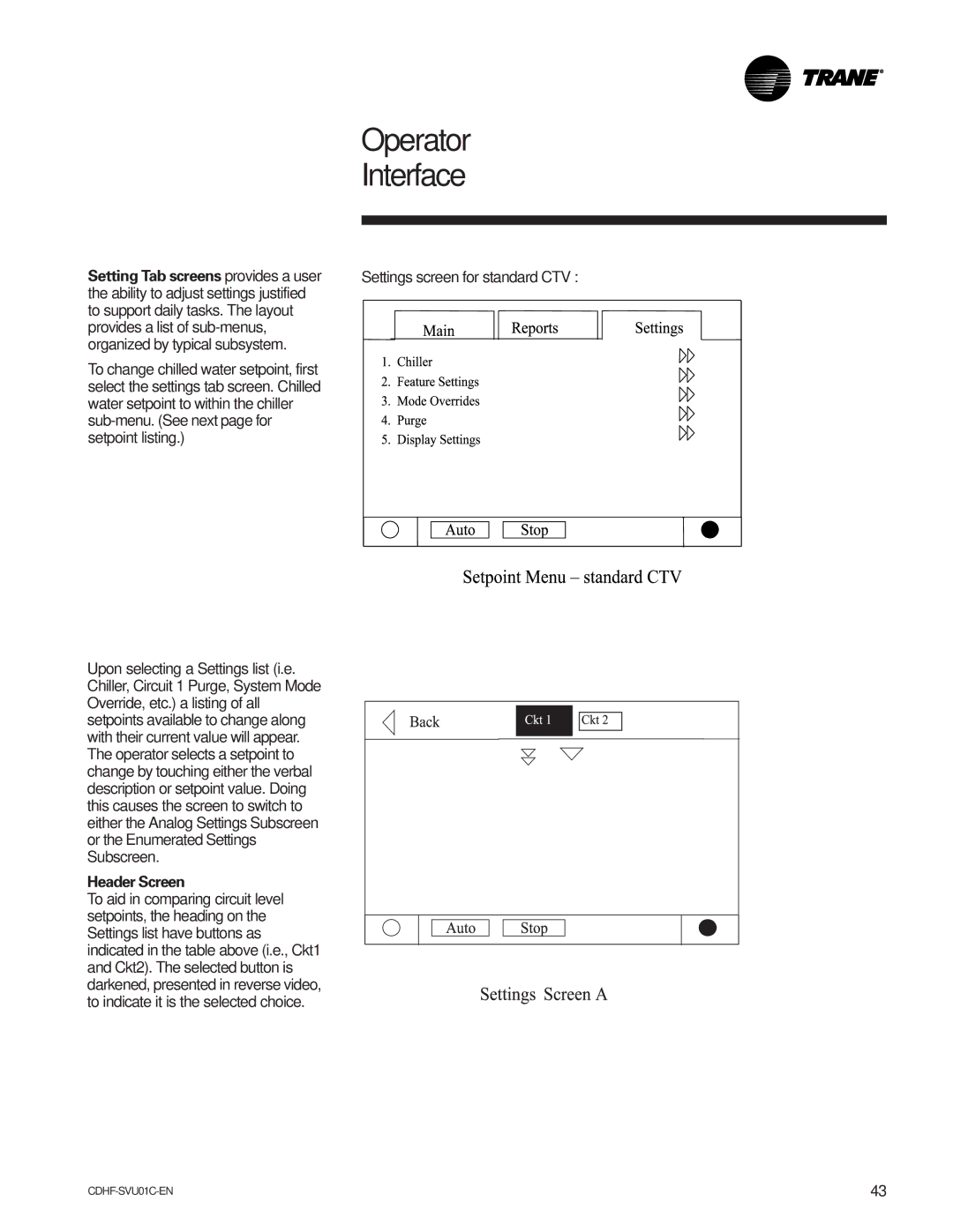 American Standard CH530 manual Setting Tab screens provides a user, Header Screen 