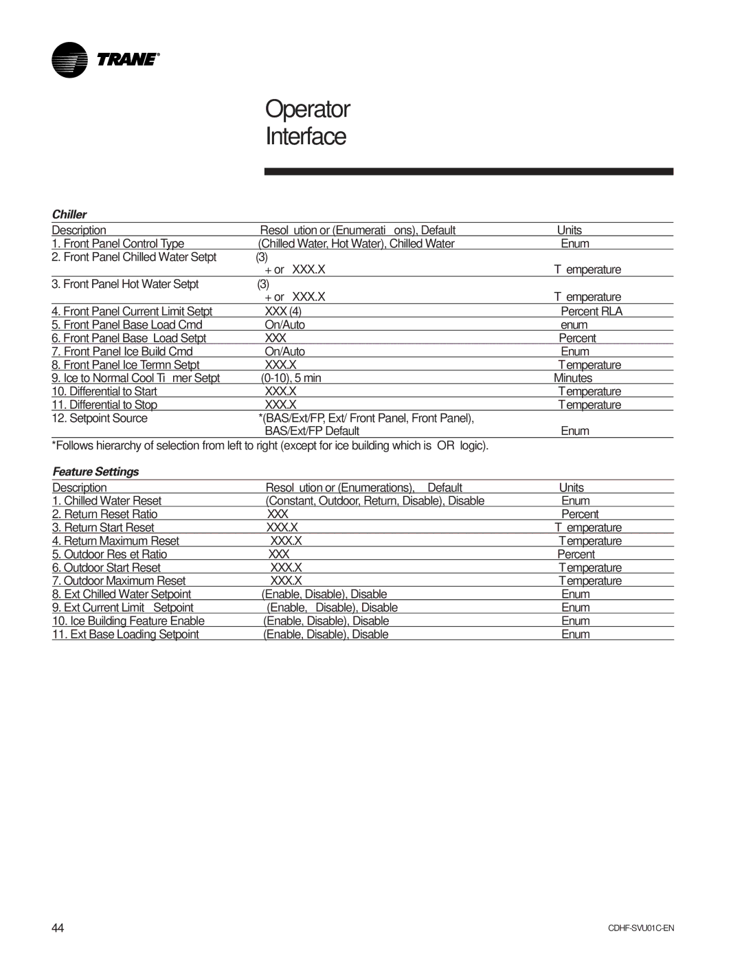 American Standard CH530 manual Chiller, Feature Settings 