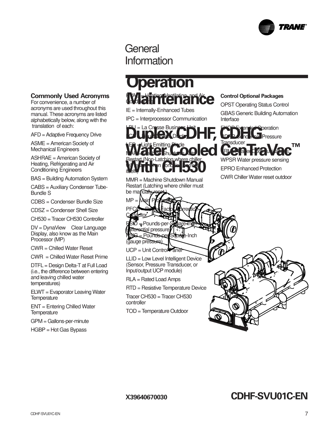 American Standard CH530 manual Commonly Used Acronyms, Control Optional Packages 