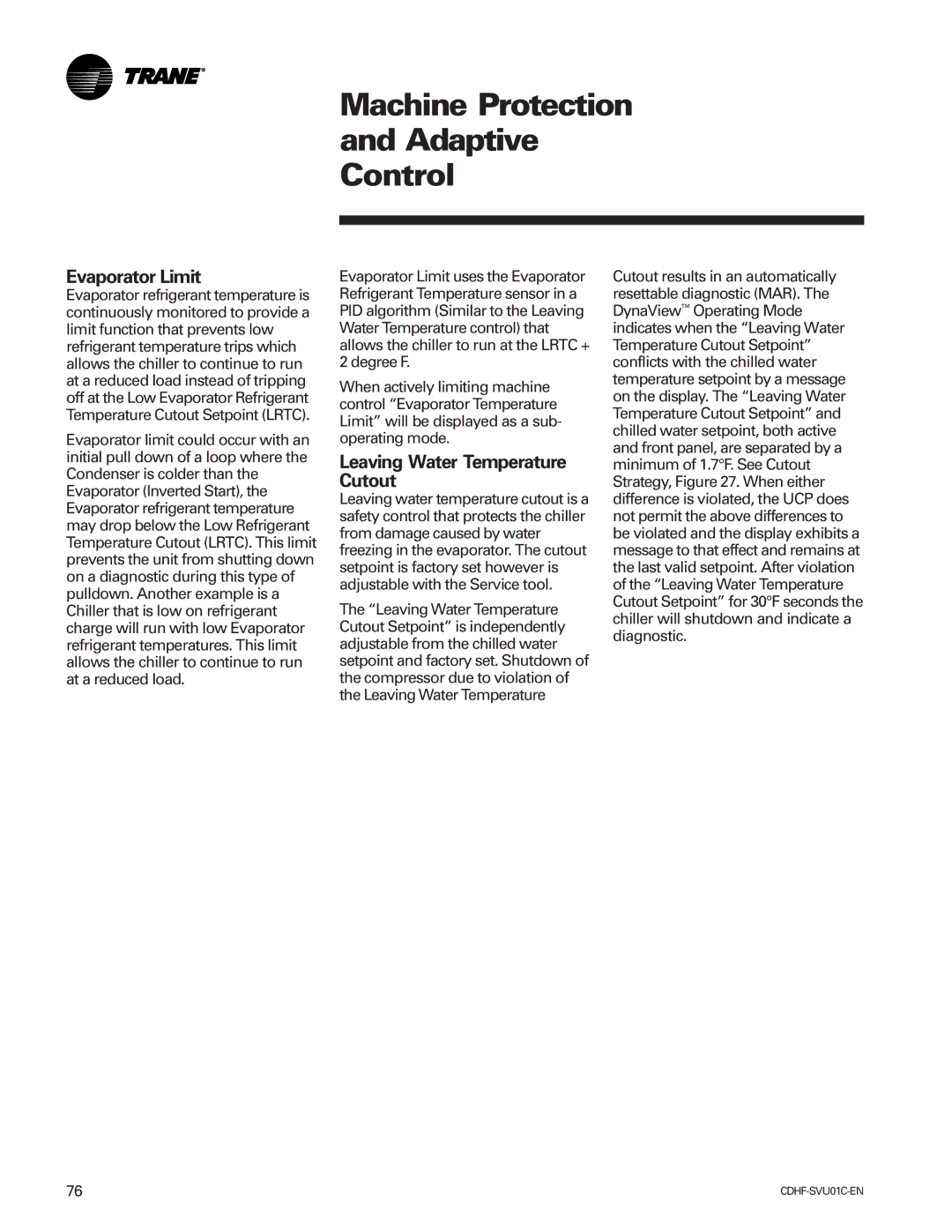 American Standard CH530 manual Evaporator Limit, Leaving Water Temperature Cutout 