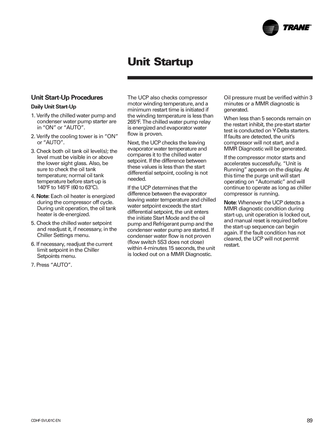 American Standard CH530 manual Unit Startup, Unit Start-Up Procedures, Daily Unit Start-Up 