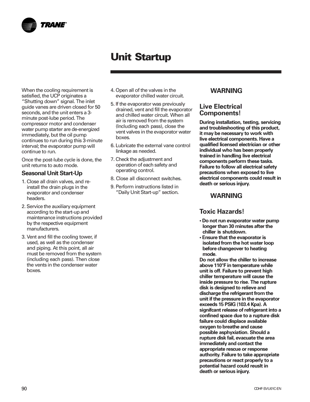 American Standard CH530 manual Live Electrical Components, Toxic Hazards, Seasonal Unit Start-Up, Mode 