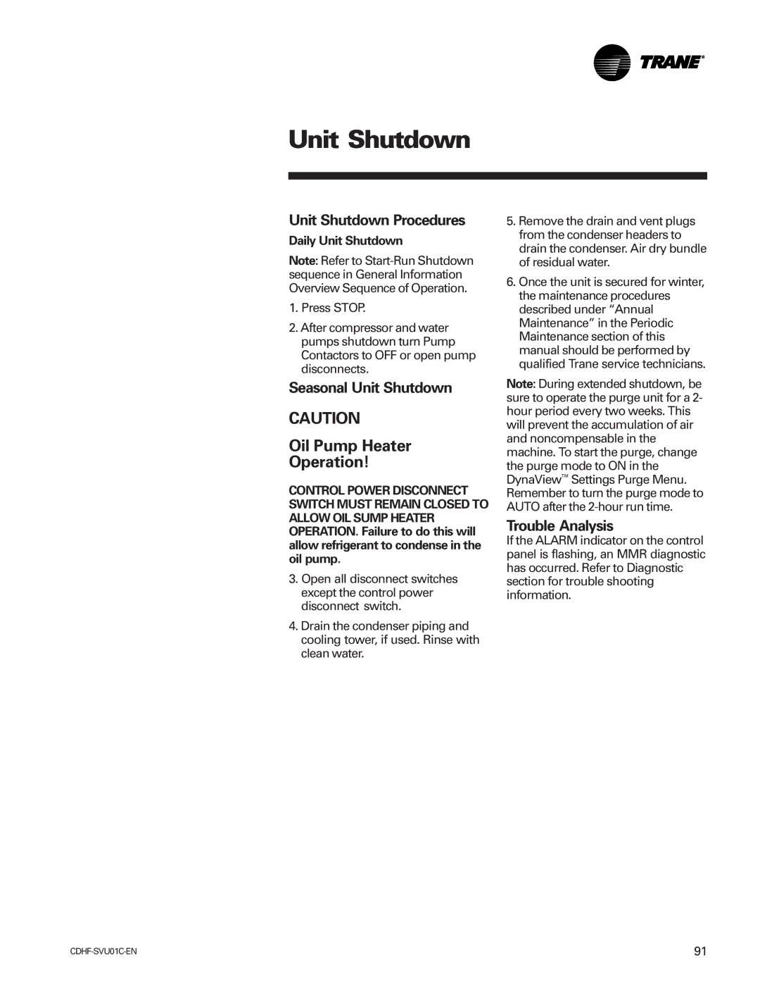 American Standard CH530 Oil Pump Heater Operation, Unit Shutdown Procedures, Seasonal Unit Shutdown, Trouble Analysis 