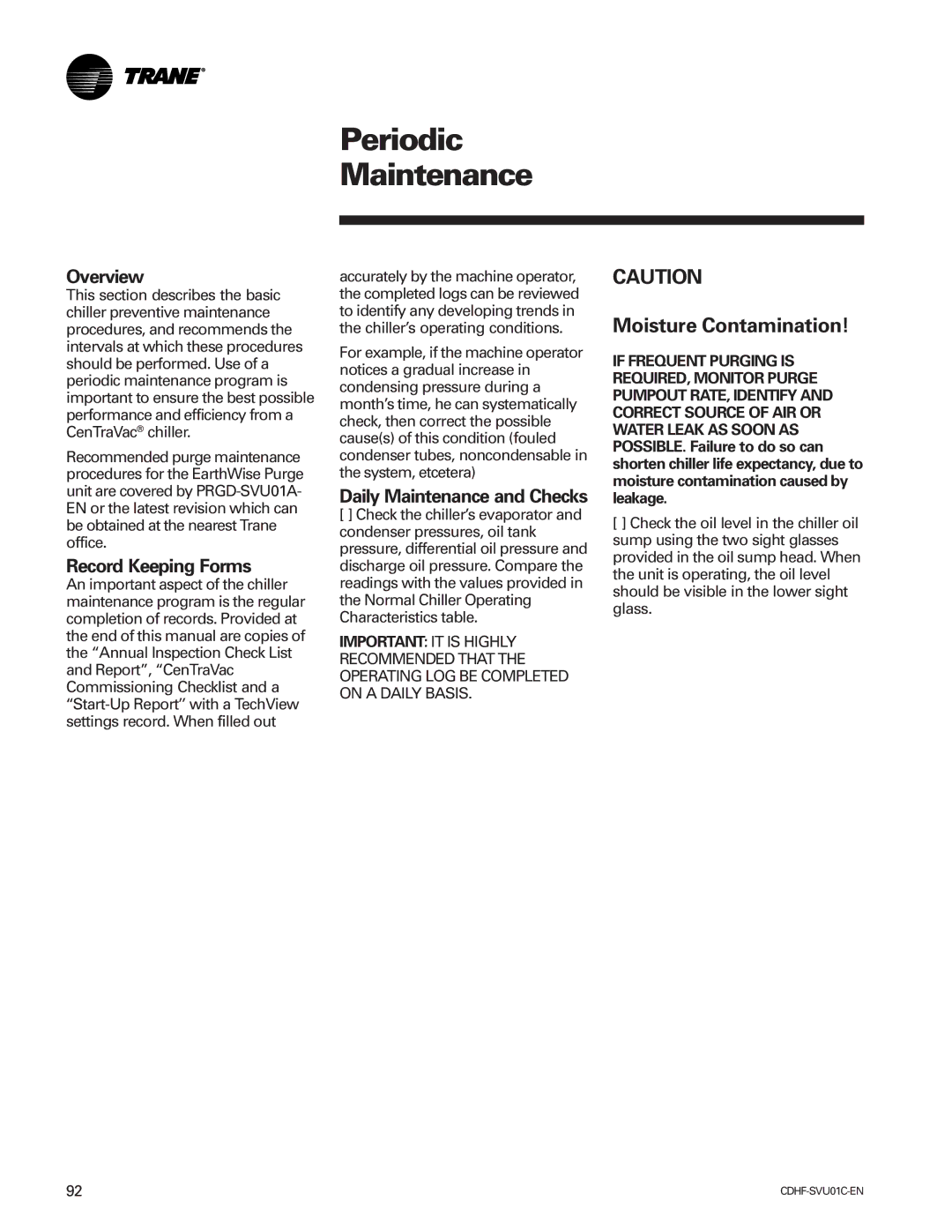 American Standard CH530 Periodic Maintenance, Moisture Contamination, Record Keeping Forms, Daily Maintenance and Checks 