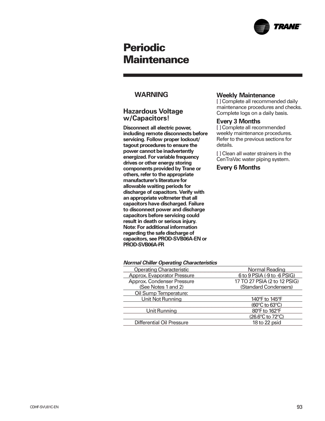 American Standard CH530 manual Hazardous Voltage w/Capacitors, Weekly Maintenance, Every 3 Months, Every 6 Months 