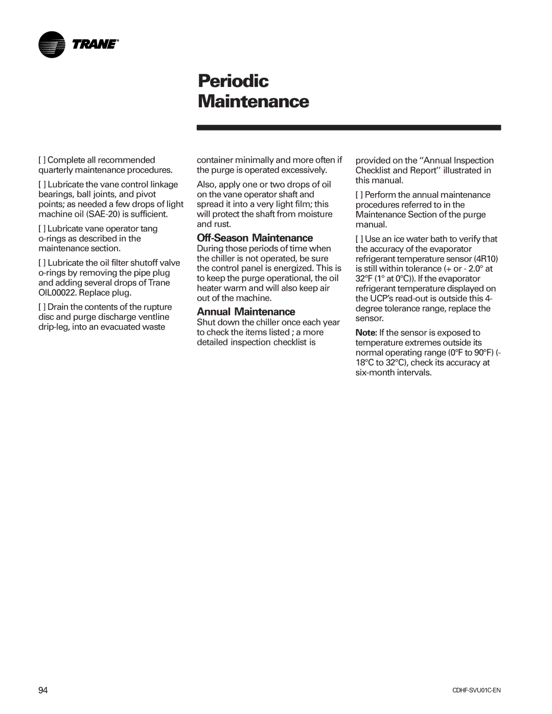 American Standard CH530 manual Off-Season Maintenance, Annual Maintenance 