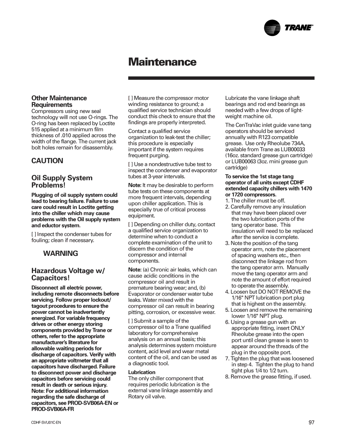 American Standard CH530 manual Maintenance, Oil Supply System Problems, Hazardous Voltage w/ Capacitors, Lubrication 