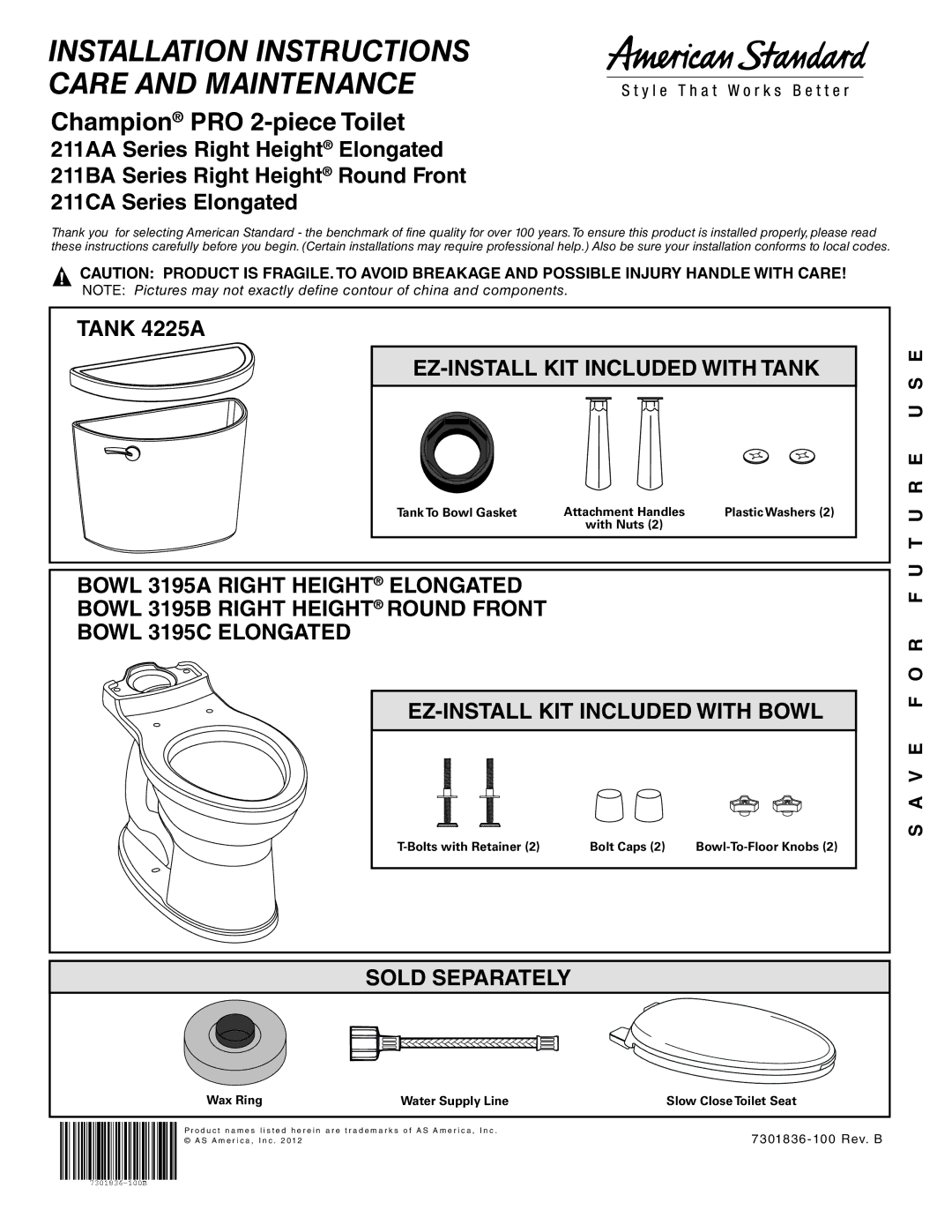 American Standard 211AA installation instructions Tank To Bowl Gasket, Plastic Washers, Bolts with Retainer Bolt Caps 