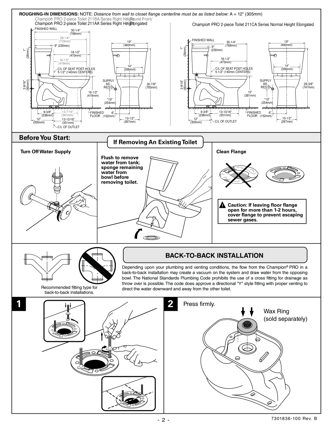 American Standard 211CA, 211BB, 211AA, Champion Pro 2 Piece Toilet Cover ﬂange to prevent escaping, Seat Post Holes 