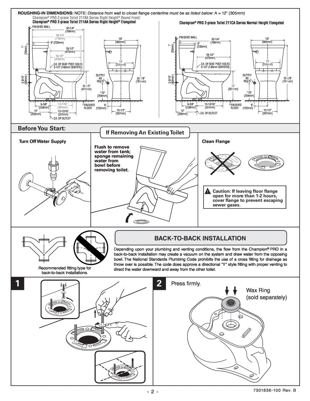 American Standard 211CA, 211BB Before You Start, Back-To-Back Installation, If Removing An Existing Toilet, Press firmly 