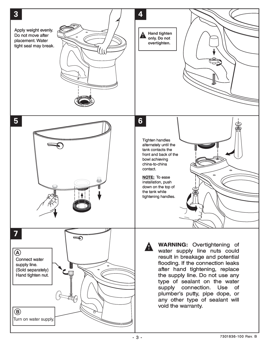 American Standard Champion Pro 2 Piece Toilet Apply weight evenly, Do not move after, placement. Water, Connect water 