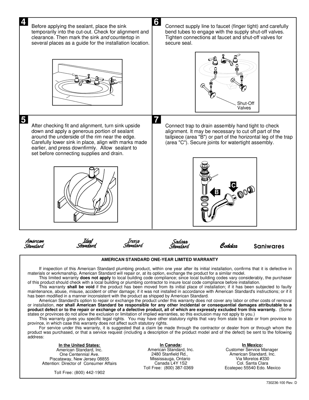 American Standard Countertop Bathroom Sink Saniwares, American Standard ONE-YEAR Limited Warranty, Canada Mexico 